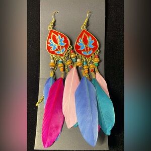 Dangle Earrings with Enamel Beads Feathers and Chain